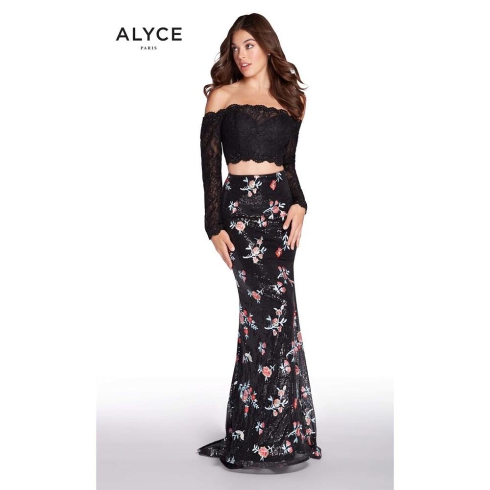 Alyce Paris Floral Embroidered Black Sequin Maxi Skirt 2 Formal Prom
